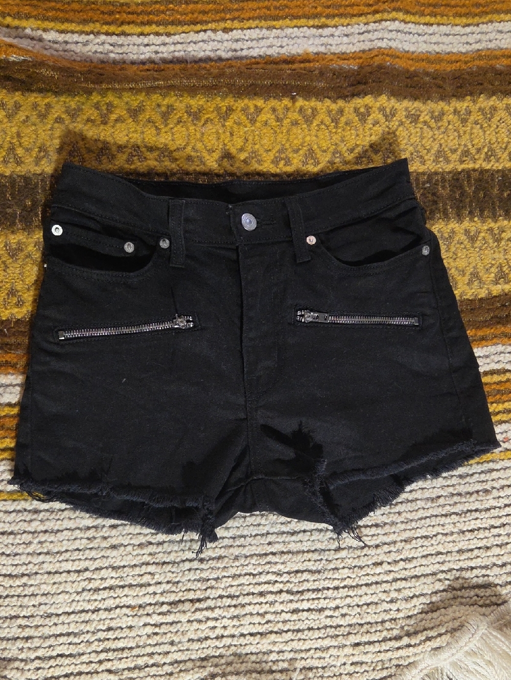 Levis Women’s Black Distressed Zip-Pocket Denim Shorts